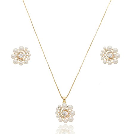 Conjunto de brinco e colar de perola com zirconia cristal banho em ouro 18k