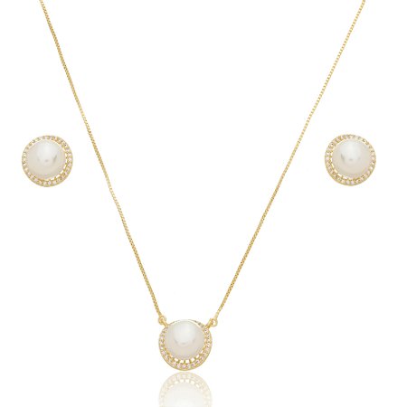 Conjunto de brinco e colar de perola com zirconia cristal banho em ouro 18k