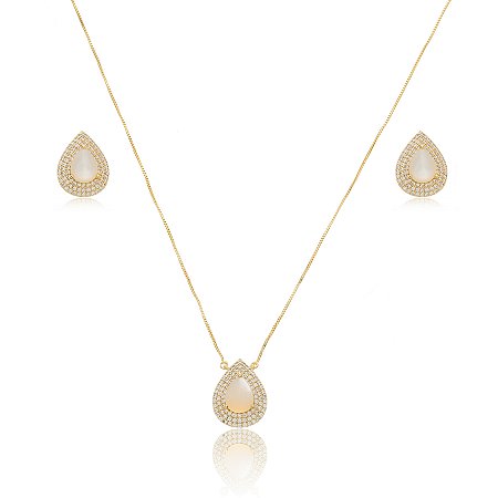 Conjunto de brinco e colar de perola com zirconia cristal banho em ouro 18k