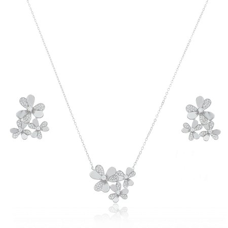 Conjunto de brinco e colar cravejado de zirconia cristal banho em rodio branco