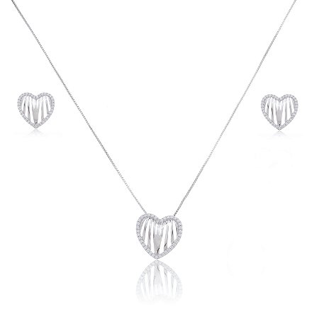 Conjunto de brinco e colar de coração com zirconia cristal banho em rodio branco
