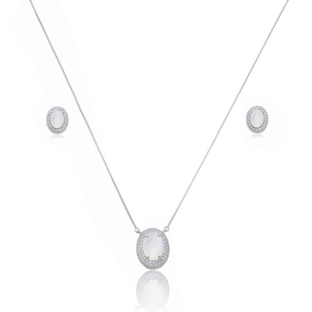 Conjunto de brinco e colar de perola com zirconia cristal banho em rodio branco