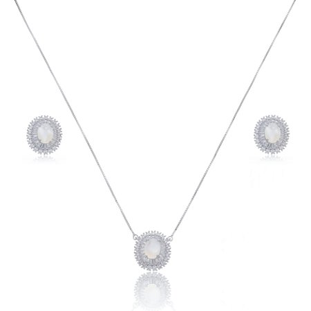 Conjunto de brinco e colar de perola com zirconia cristal banho em rodio branco