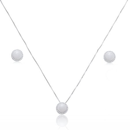 Conjunto de brinco e colar de perola com zirconia cristal banho em rodio branco