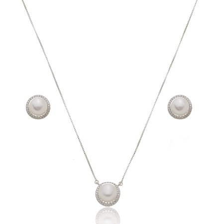 Conjunto de brinco e colar de perola com zirconia cristal banho em rodio branco