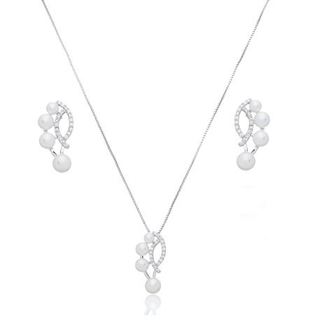 Conjunto de brinco e colar de perola com zirconia cristal banho em rodio branco