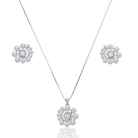Conjunto de brinco e colar de perola com zirconia cristal banho em rodio branco