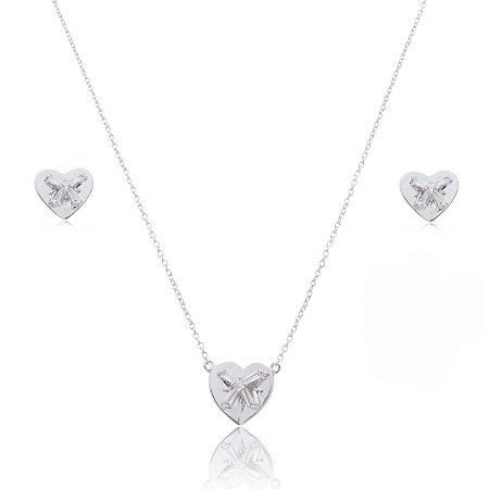 Conjunto de brinco e colar cravejado de zirconia cristal banho em rodio branco