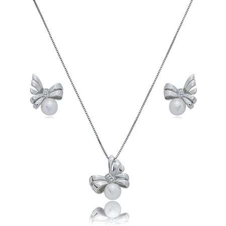 Conjunto de brinco e colar de perola com zirconia cristal banho em rodio branco