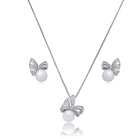 Conjunto de brinco e colar de perola com zirconia cristal banho em rodio branco
