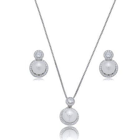 Conjunto de brinco e colar de perola com zirconia cristal banho em rodio branco
