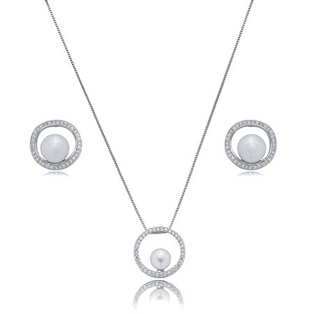 Conjunto de brinco e colar de perola com zirconia cristal banho em rodio branco