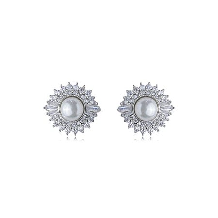 Brinco de base de perola cravejado de zirconia cristal banho em rodio branco