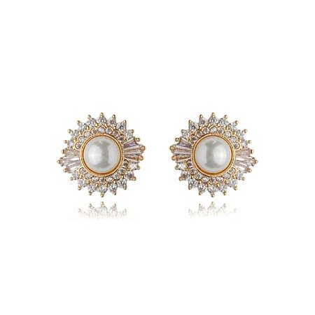 Brinco de base de perola cravejado de zirconia cristal banho em ouro 18k