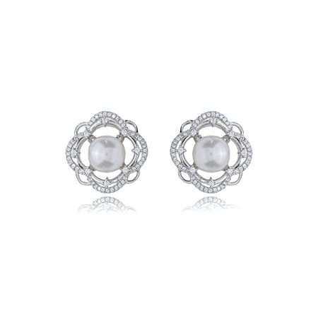 Brinco de base de perola cravejado de zirconia cristal banho em rodio branco