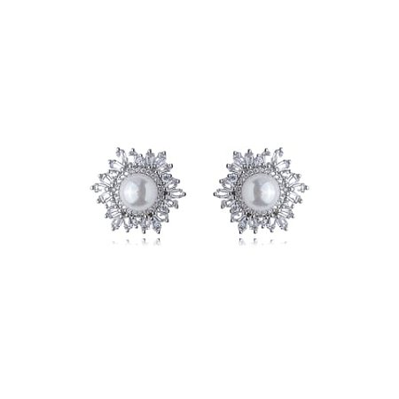 Brinco de base de perola cravejado de zirconia cristal banho em rodio branco