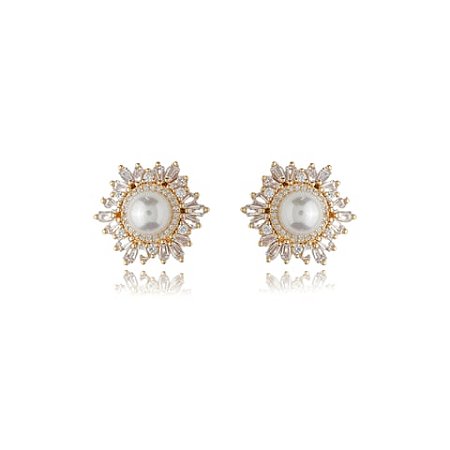 Brinco de base de perola cravejado de zirconia cristal banho em ouro 18k