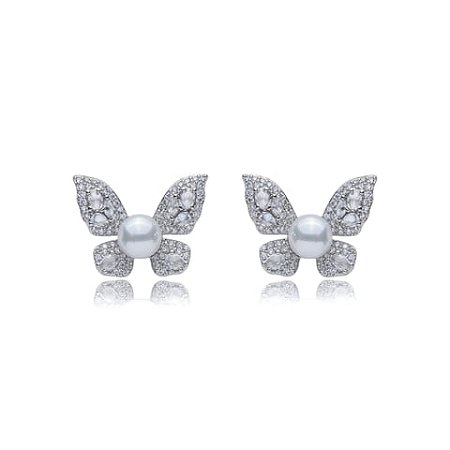 Brinco de base de perola cravejado de zirconia cristal banho em rodio branco