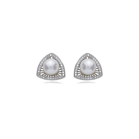 Brinco de base de perola cravejado de zirconia cristal banho em rodio branco