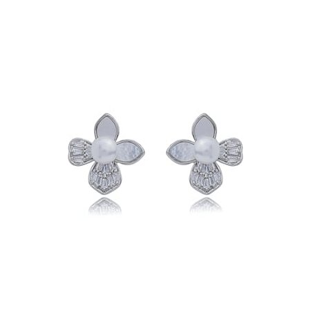 Brinco de base de perola cravejado de zirconia cristal banho em rodio branco