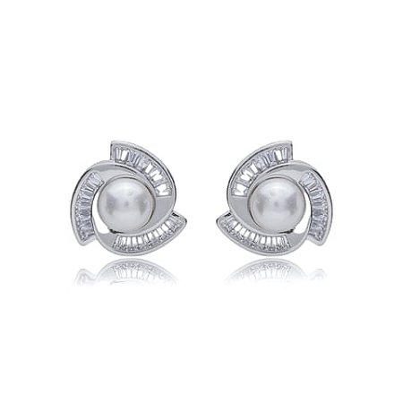 Brinco de base de perola cravejado de zirconia cristal banho em rodio branco