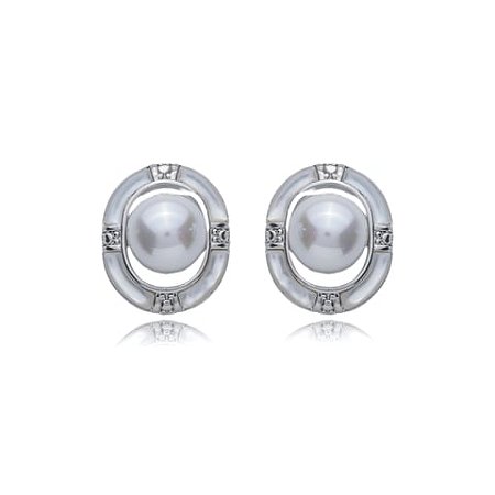 Brinco de base de perola cravejado de zirconia cristal banho em rodio branco