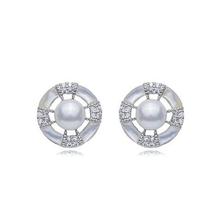 Brinco de base de perola cravejado de zirconia cristal banho em rodio branco