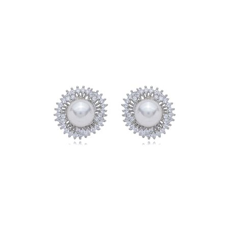 Brinco de base de perola cravejado de zirconia cristal banho em rodio branco