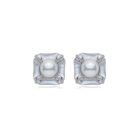Brinco de base de perola cravejado de zirconia cristal banho em rodio branco