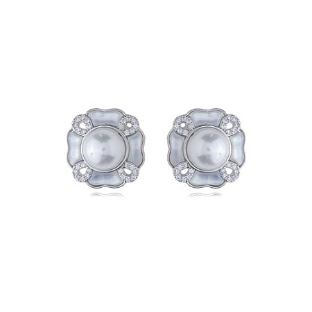 Brinco de base de perola cravejado de zirconia cristal banho em rodio branco