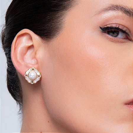Brinco de base de perola cravejado de zirconia cristal banho em ouro 18k