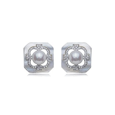 Brinco de base de perola cravejado de zirconia cristal banho em rodio branco