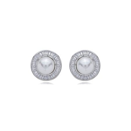 Brinco de base de perola cravejado de zirconia cristal banho em rodio branco