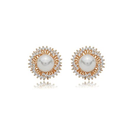Brinco de base de perola cravejado de zirconia cristal banho em ouro 18k