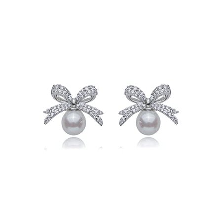 Brinco de base de perola cravejado de zirconia cristal banho em rodio branco