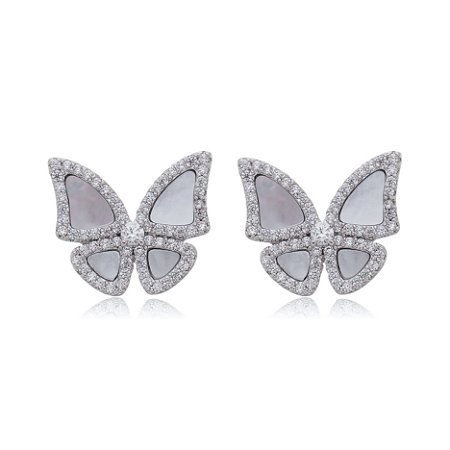 Brinco de base de perola cravejado de zirconia cristal banho em rodio branco