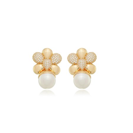 Brinco de perola cravejado de zirconia cristal banho em ouro 18k