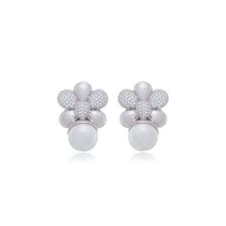Brinco de perola cravejado de zirconia cristal banho em rodio branco
