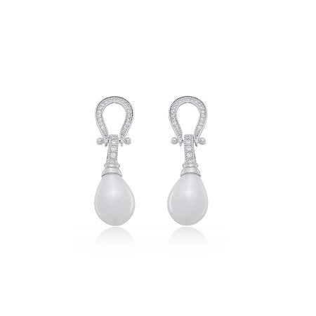 Brinco de perola cravejado de zirconia cristal banho em rodio branco