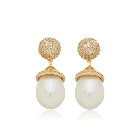 Brinco de perola cravejado de zirconia cristal banho em ouro 18k