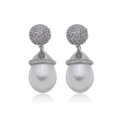 Brinco de perola cravejado de zirconia cristal banho em rodio branco