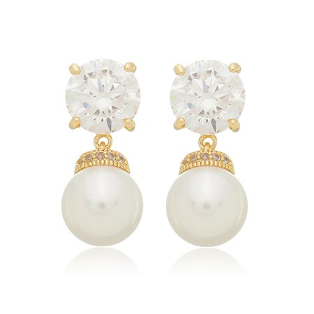 Brinco de perola cravejado de zirconia cristal banho em ouro 18k