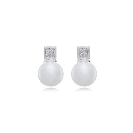 Brinco de perola cravejado de zirconia cristal banho em rodio branco