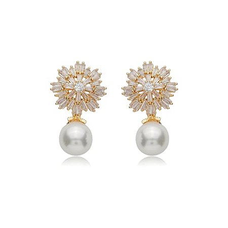 Brinco de perola cravejado de zirconia cristal banho em ouro 18k