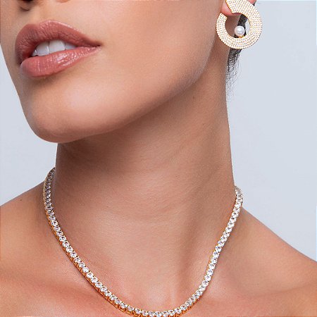Brinco de perola cravejado de zirconia cristal banho em ouro 18k