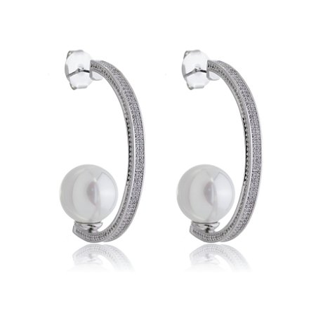 Brinco de argola com perola cravejado de zirconia cristal banho em rodio branco