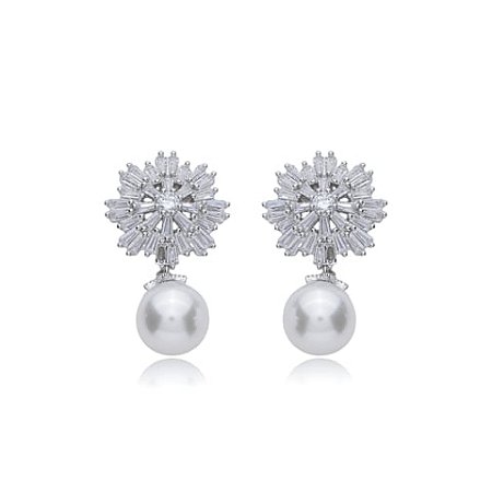 Brinco de perola cravejado de zirconia cristal banho em rodio branco