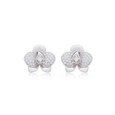 Brinco de base cravejado de zirconia cristal banho em rodio branco