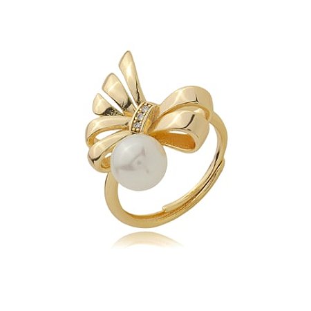 Anel com perola cravejado de zirconia cristal banho em ouro 18k