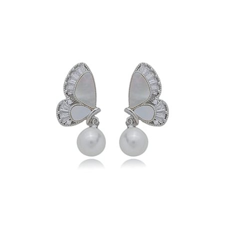 Brinco de perola cravejado de zirconia cristal banho em rodio branco